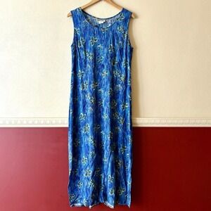Vintage 90s Caroline Wells Maxi Dress Womens L Blue Rayon Floral Tie Back Resort